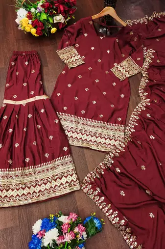 Maroon designer chinon sequins embroidered work readymade suit