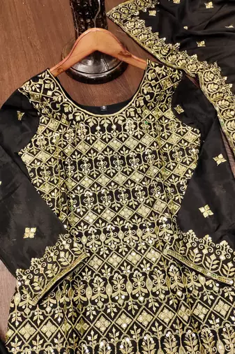 Black designer chinon sequins embroidered work readymade suit
