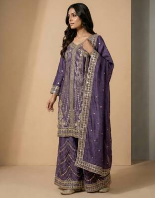 Light purple designer chinon sequins embroidered work readymade suit 2