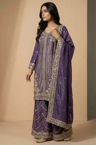 Light purple designer chinon sequins embroidered work readymade suit