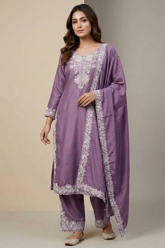Lavender designer natural crepe sequins embroidered work readymade suit