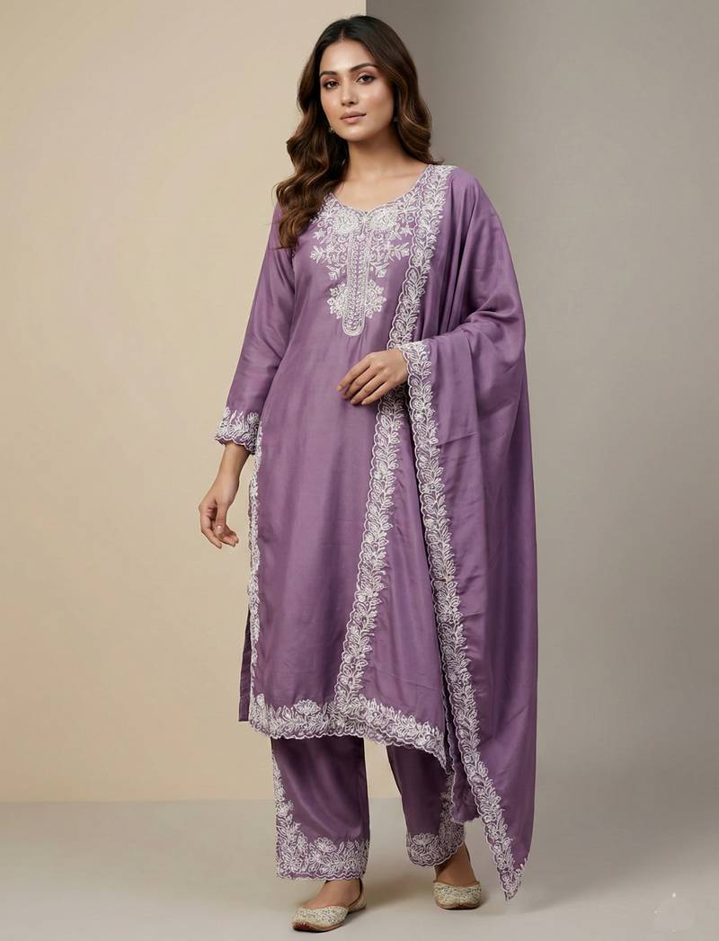 Lavender designer natural crepe sequins embroidered work readymade suit