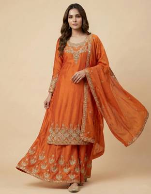Orange designer chinon sequins embroidered work readymade suit 2