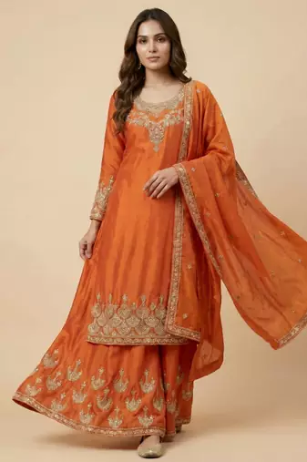 Orange designer chinon sequins embroidered work readymade suit