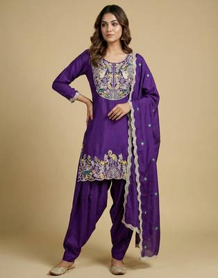 Purple designer chinon sequins embroidered work readymade suit 1