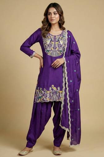 Purple designer chinon sequins embroidered work readymade suit