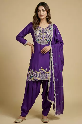 Purple designer chinon sequins embroidered work readymade suit