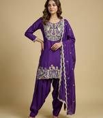 Purple designer chinon sequins embroidered work readymade suit