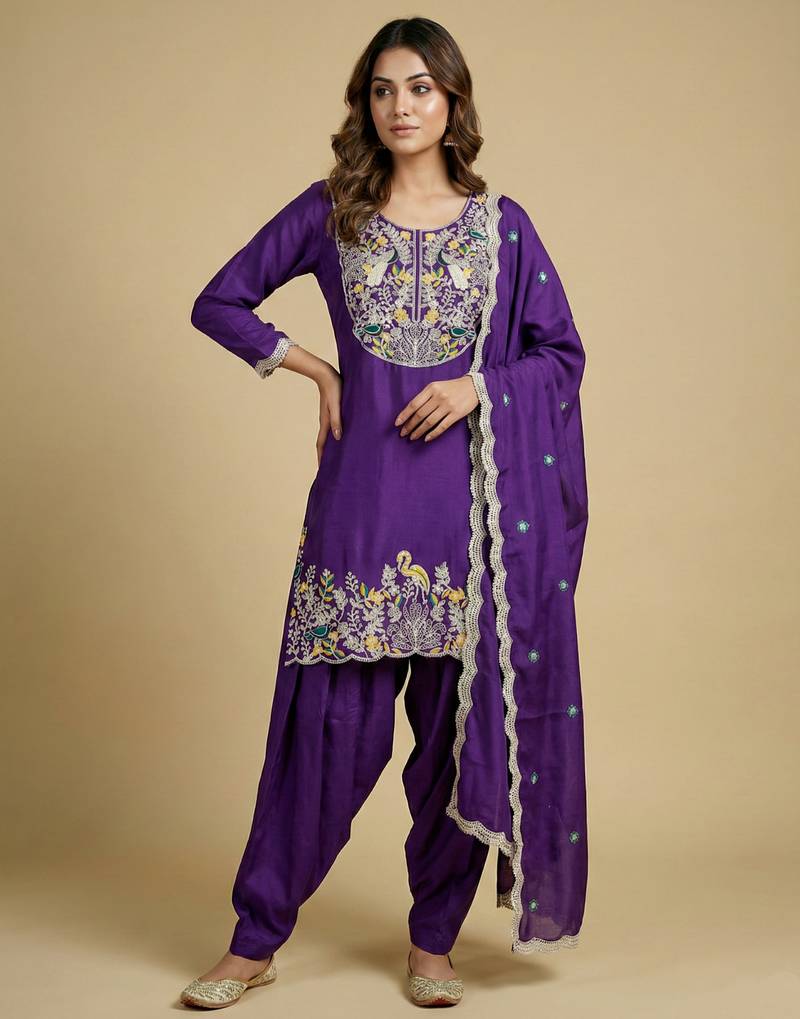 Purple designer chinon sequins embroidered work readymade suit