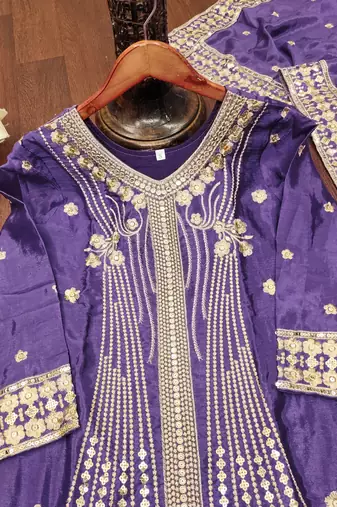 Light purple designer chinon sequins embroidered work readymade suit