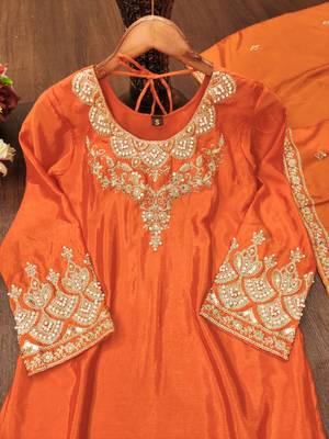 Orange designer chinon sequins embroidered work readymade suit 4