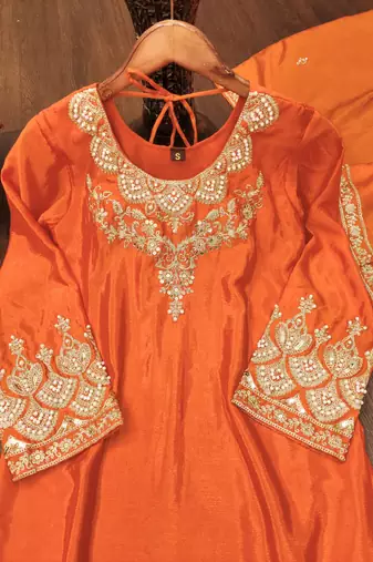 Orange designer chinon sequins embroidered work readymade suit