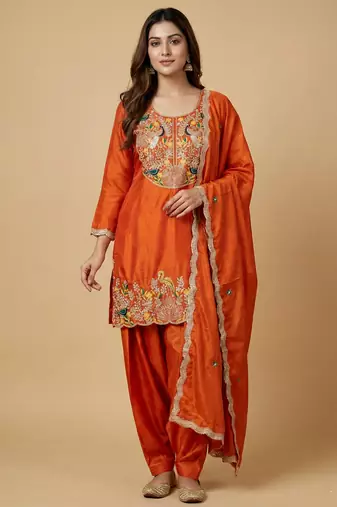 Orange designer chinon sequins embroidered work readymade suit
