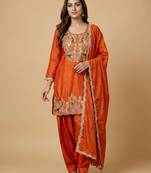 Orange designer chinon sequins embroidered work readymade suit