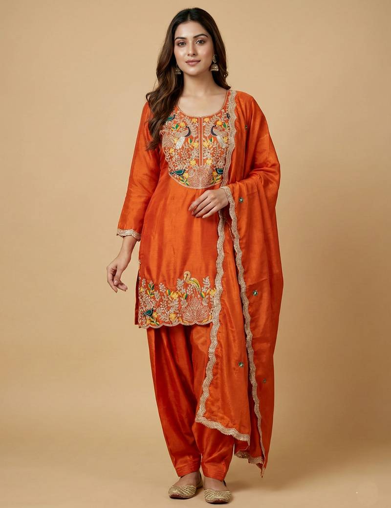 Orange designer chinon sequins embroidered work readymade suit