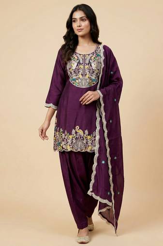 Wine designer chinon sequins embroidered work readymade suit