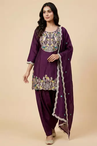 Wine designer chinon sequins embroidered work readymade suit