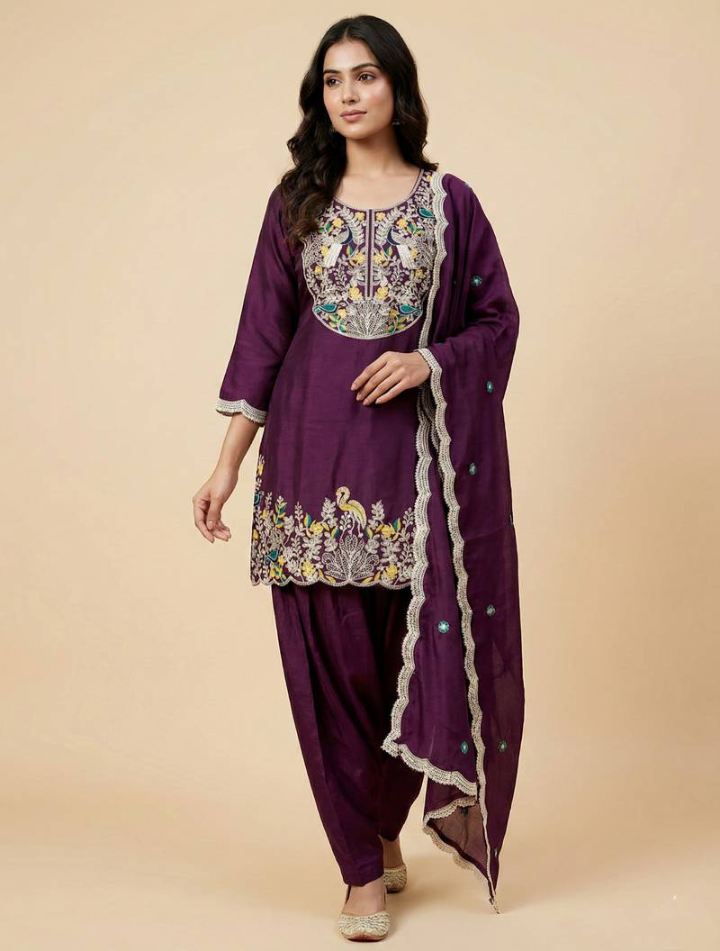 Wine designer chinon sequins embroidered work readymade suit