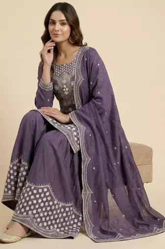 Purple designer chinon sequins embroidered work readymade suit
