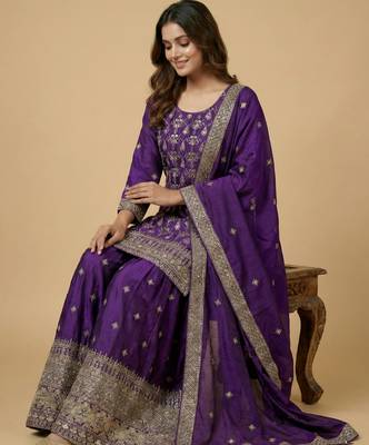 Purple designer chinon sequins embroidered work readymade suit 3
