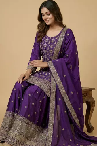 Purple designer chinon sequins embroidered work readymade suit