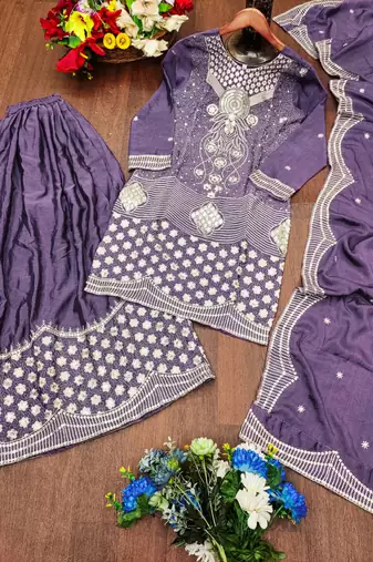 Purple designer chinon sequins embroidered work readymade suit