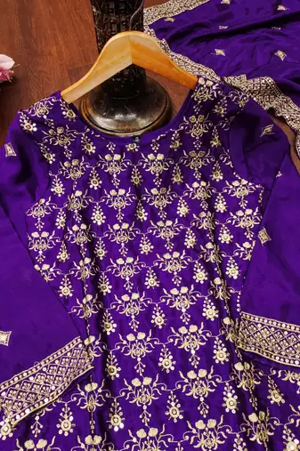 Purple designer chinon sequins embroidered work readymade suit