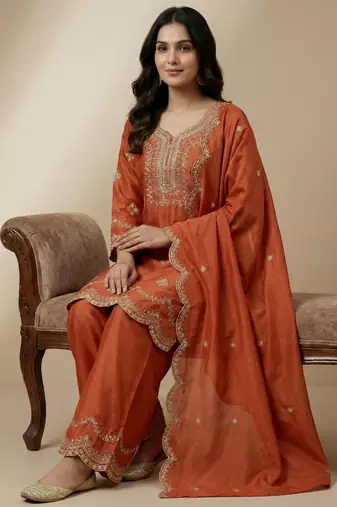 Orange designer natural crepe sequins embroidered work readymade suit