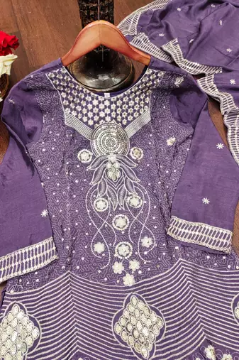 Purple designer chinon sequins embroidered work readymade suit