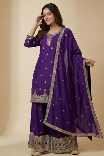 Purple designer chinon sequins embroidered work readymade suit