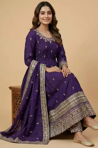 Purple designer chinon sequins embroidered work readymade suit