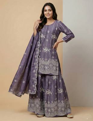 Light purple designer chinon sequins embroidered work readymade suit 2