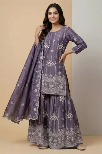Light purple designer chinon sequins embroidered work readymade suit