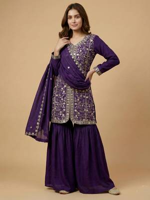 Purple designer chinon sequins embroidered work readymade suit 2