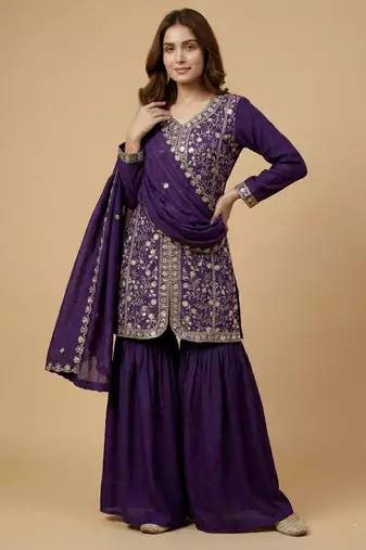 Purple designer chinon sequins embroidered work readymade suit