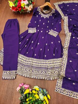 Purple designer chinon sequins embroidered work readymade suit 3