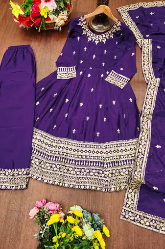 Purple designer chinon sequins embroidered work readymade suit