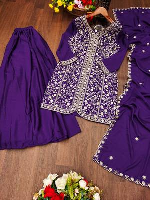Purple designer chinon sequins embroidered work readymade suit 3
