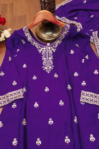 Purple designer chinon sequins embroidered work readymade suit