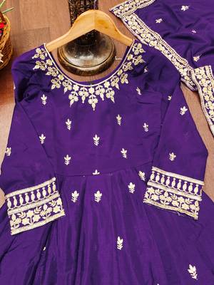 Purple designer chinon sequins embroidered work readymade suit 4