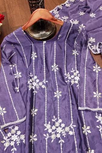 Light purple designer chinon sequins embroidered work readymade suit