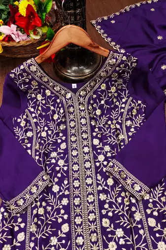Purple designer chinon sequins embroidered work readymade suit