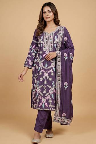 Purple designer chinon sequins embroidered work readymade suit