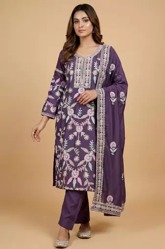 Purple designer chinon sequins embroidered work readymade suit