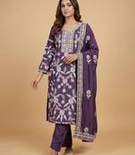 Purple designer chinon sequins embroidered work readymade suit