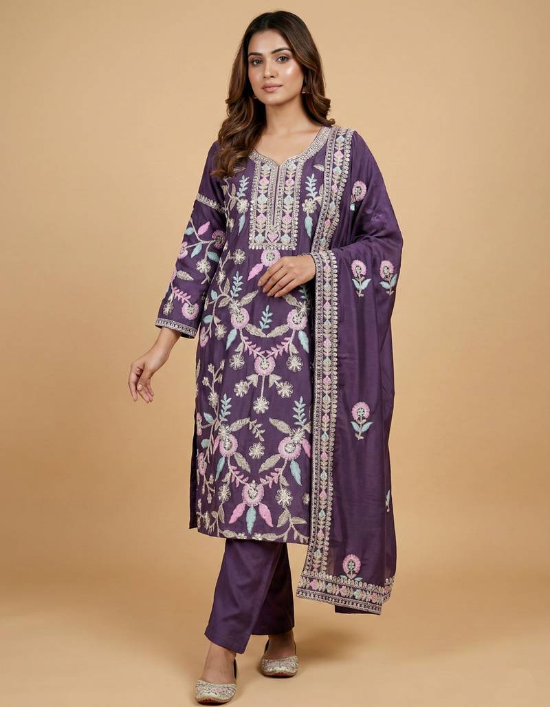 Purple designer chinon sequins embroidered work readymade suit