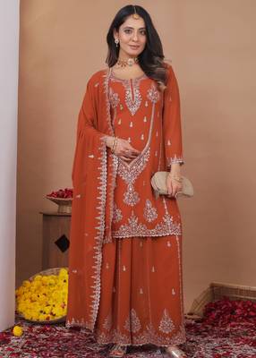 Orange designer fox georgette sequins embroidered work readymade suit 1