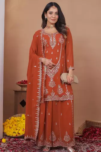Orange designer fox georgette sequins embroidered work readymade suit