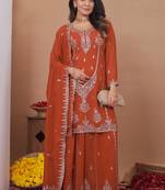 Orange designer fox georgette sequins embroidered work readymade suit