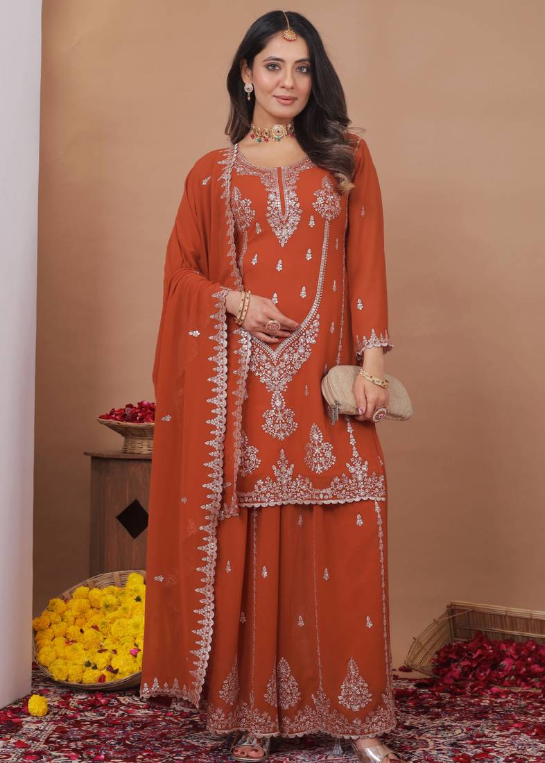 Orange designer fox georgette sequins embroidered work readymade suit